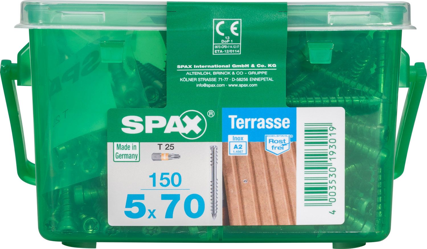 TERRAZA SPAX T-STAR PLUS T25 A2 INOXIDABLE CAJA DE PLÁSTICO CON ASA S 150 UD.