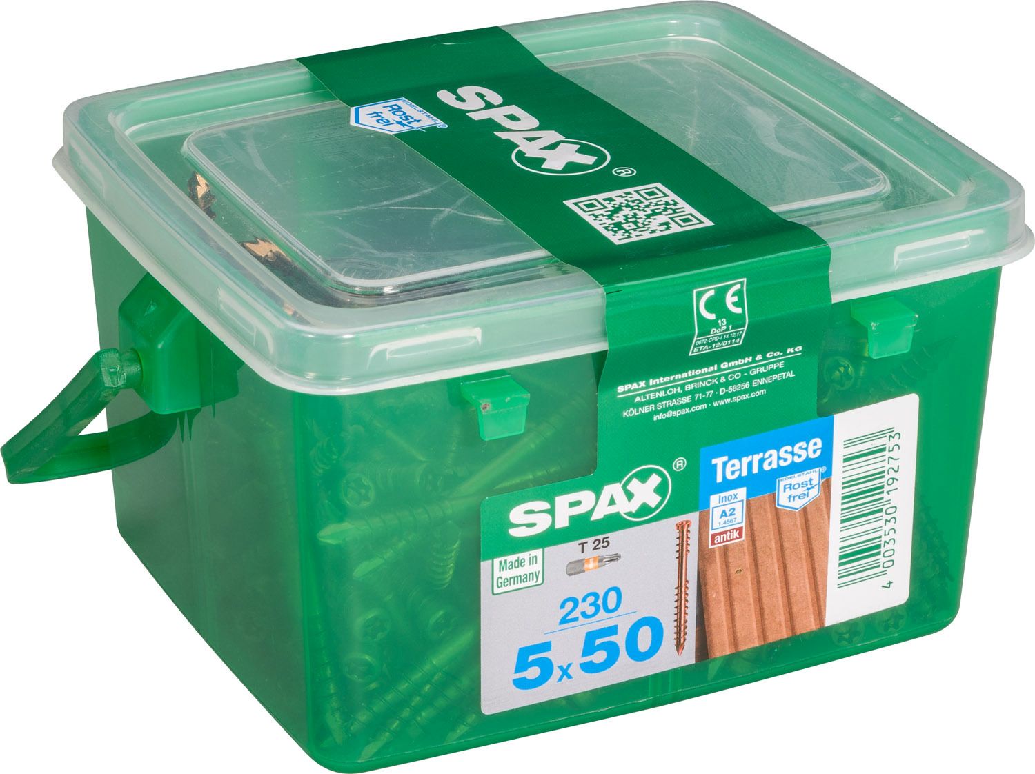 TERRAZA SPAX T-STAR PLUS T25 A2 INOXIDABLE ACABADO BRONCE CAJA DE PLÁSTICO CON ASA S 230 UD.