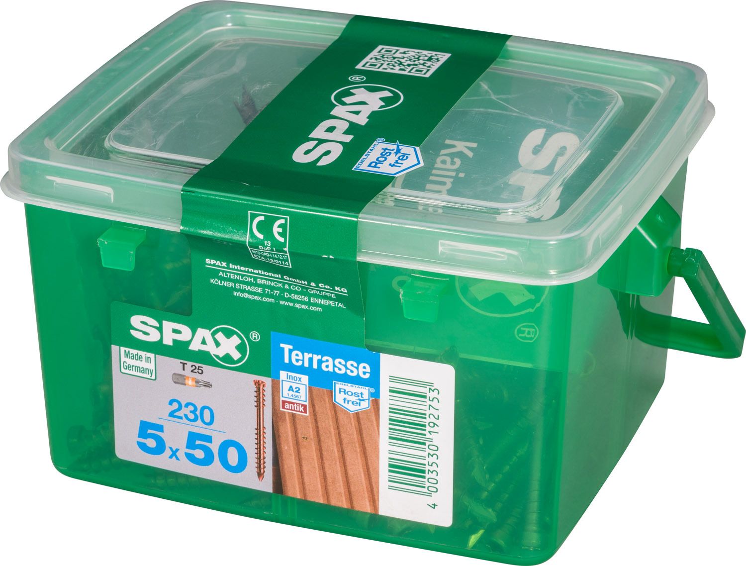 TERRAZA SPAX T-STAR PLUS T25 A2 INOXIDABLE ACABADO BRONCE CAJA DE PLÁSTICO CON ASA S 230 UD.