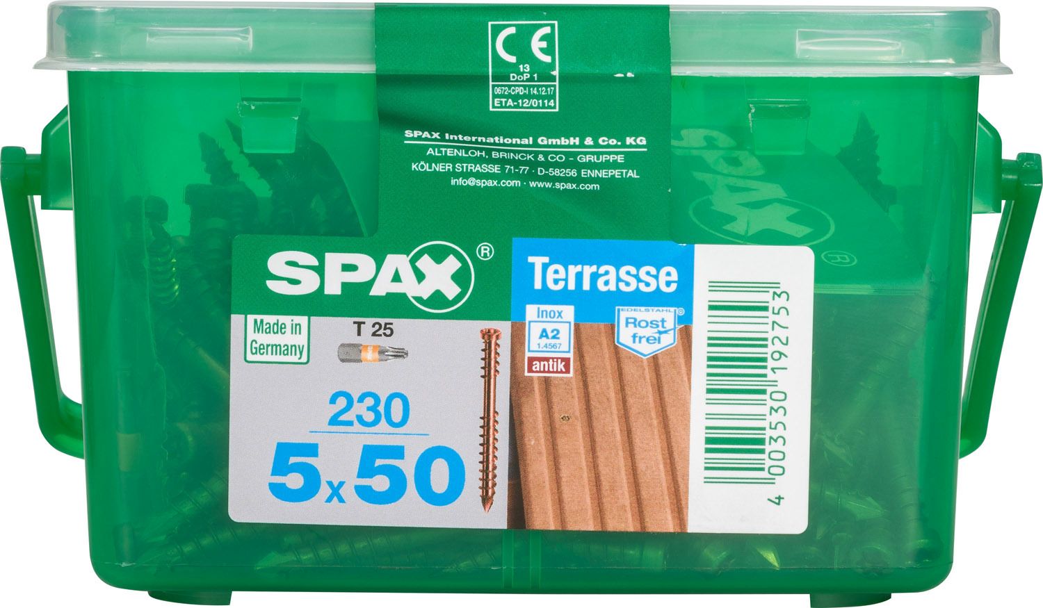 TERRAZA SPAX T-STAR PLUS T25 A2 INOXIDABLE ACABADO BRONCE CAJA DE PLÁSTICO CON ASA S 230 UD.