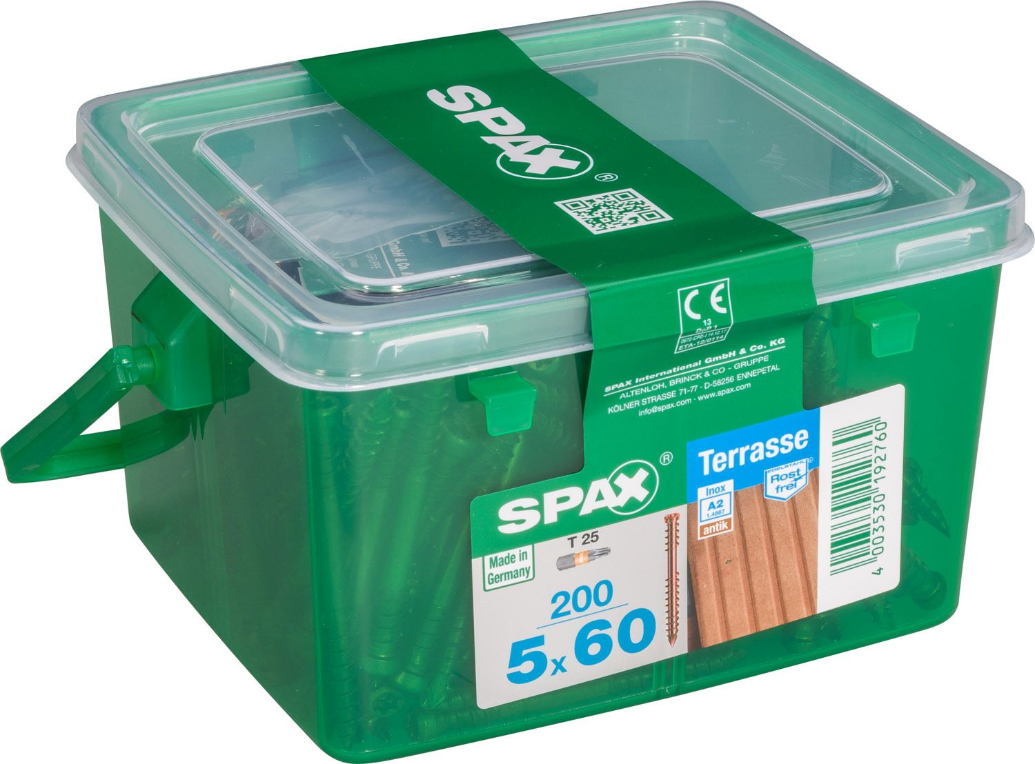 TERRAZA SPAX T-STAR PLUS T25 A2 INOXIDABLE ACABADO BRONCE CAJA DE PLÁSTICO CON ASA S 200 UD.