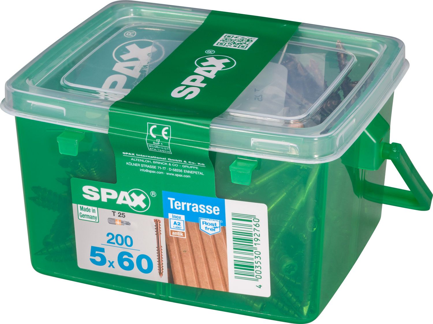 TERRAZA SPAX T-STAR PLUS T25 A2 INOXIDABLE ACABADO BRONCE CAJA DE PLÁSTICO CON ASA S 200 UD.