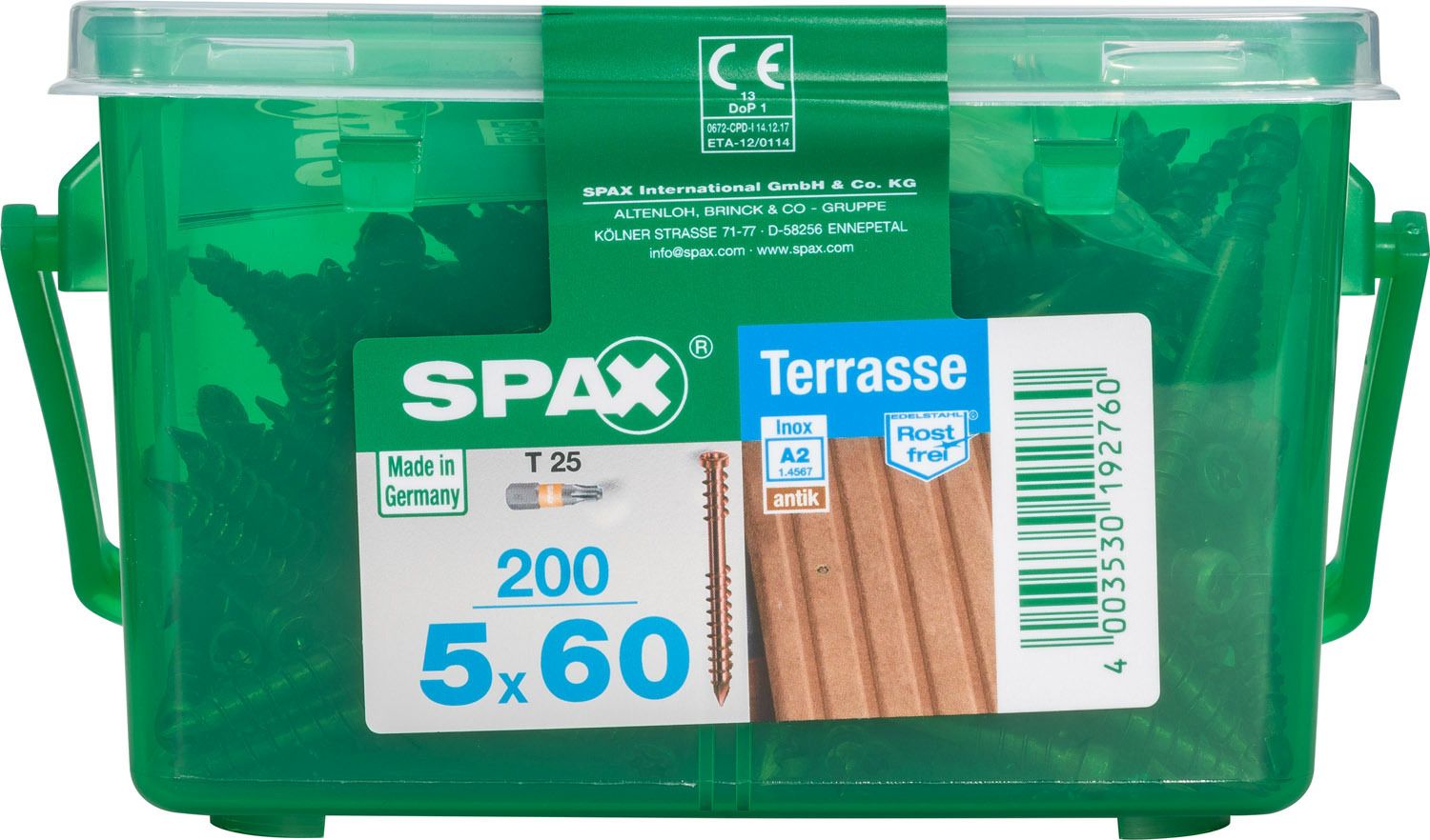 TERRAZA SPAX T-STAR PLUS T25 A2 INOXIDABLE ACABADO BRONCE CAJA DE PLÁSTICO CON ASA S 200 UD.