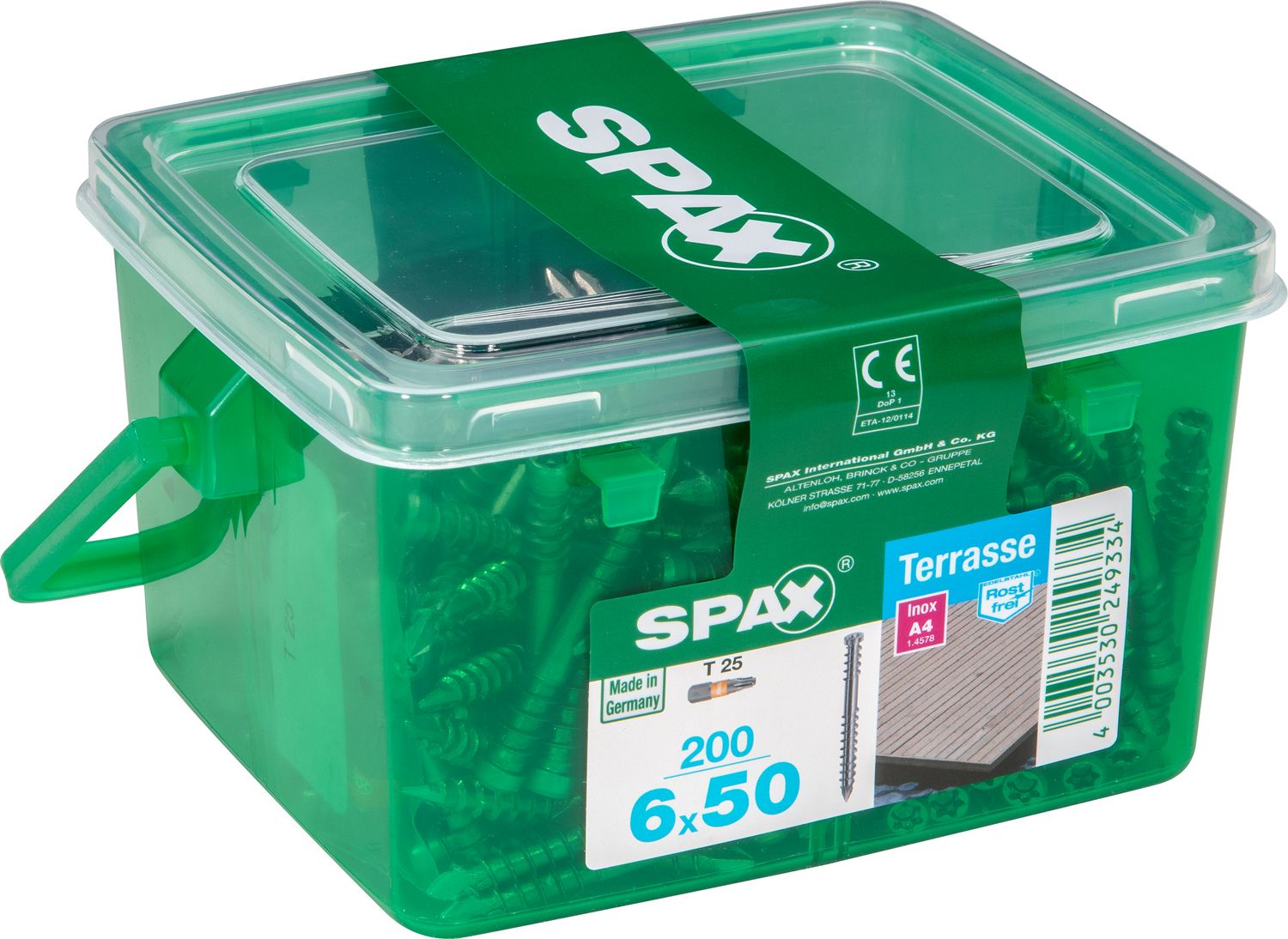 TERRAZA SPAX T-STAR PLUS T25 A4 INOXIDABLE CAJA DE PLÁSTICO CON ASA S 200 UD.