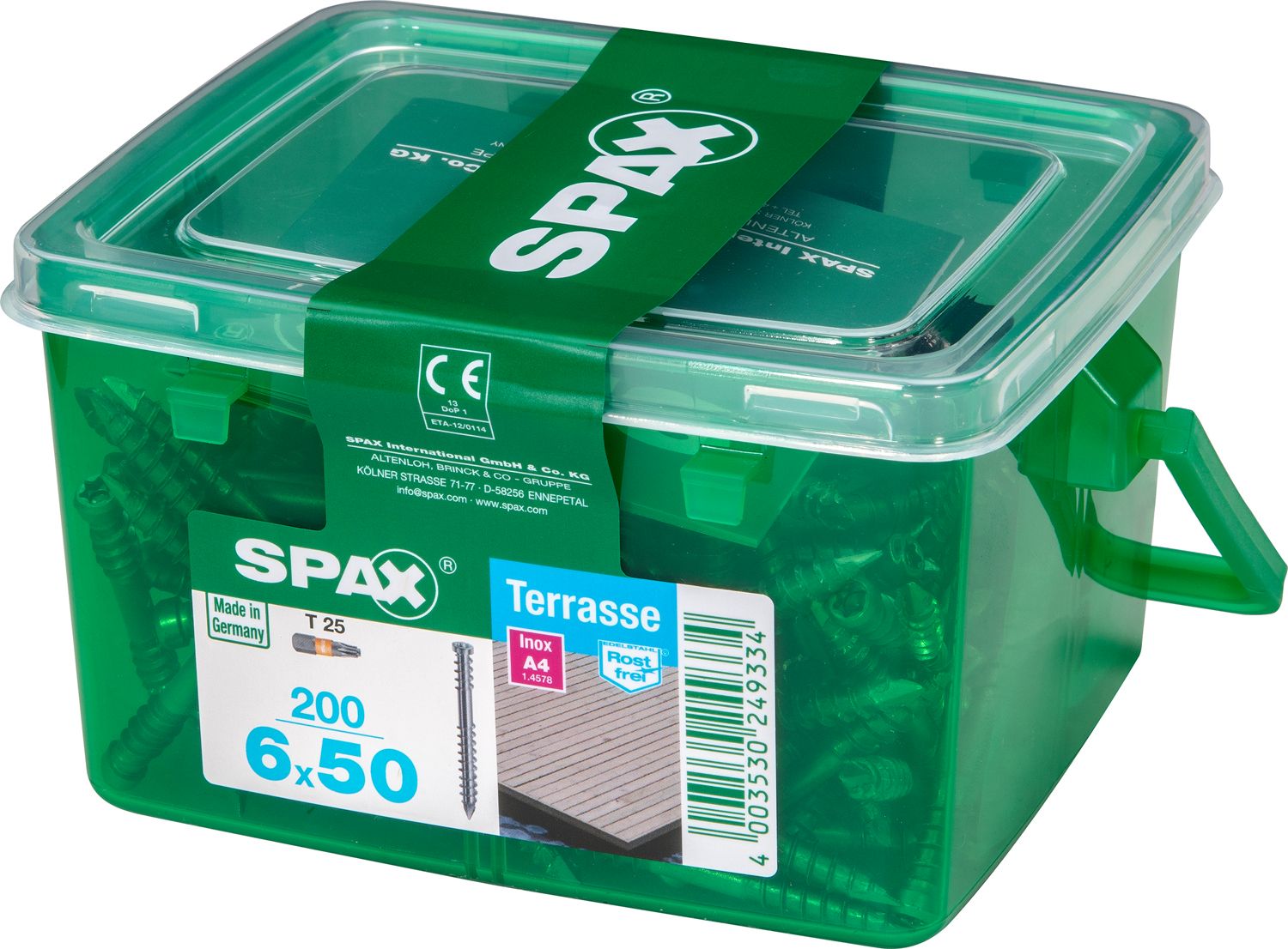 TERRAZA SPAX T-STAR PLUS T25 A4 INOXIDABLE CAJA DE PLÁSTICO CON ASA S 200 UD.