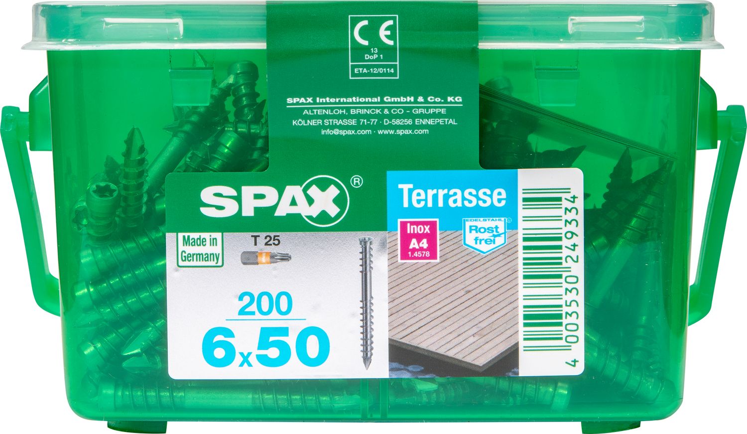 TERRAZA SPAX T-STAR PLUS T25 A4 INOXIDABLE CAJA DE PLÁSTICO CON ASA S 200 UD.