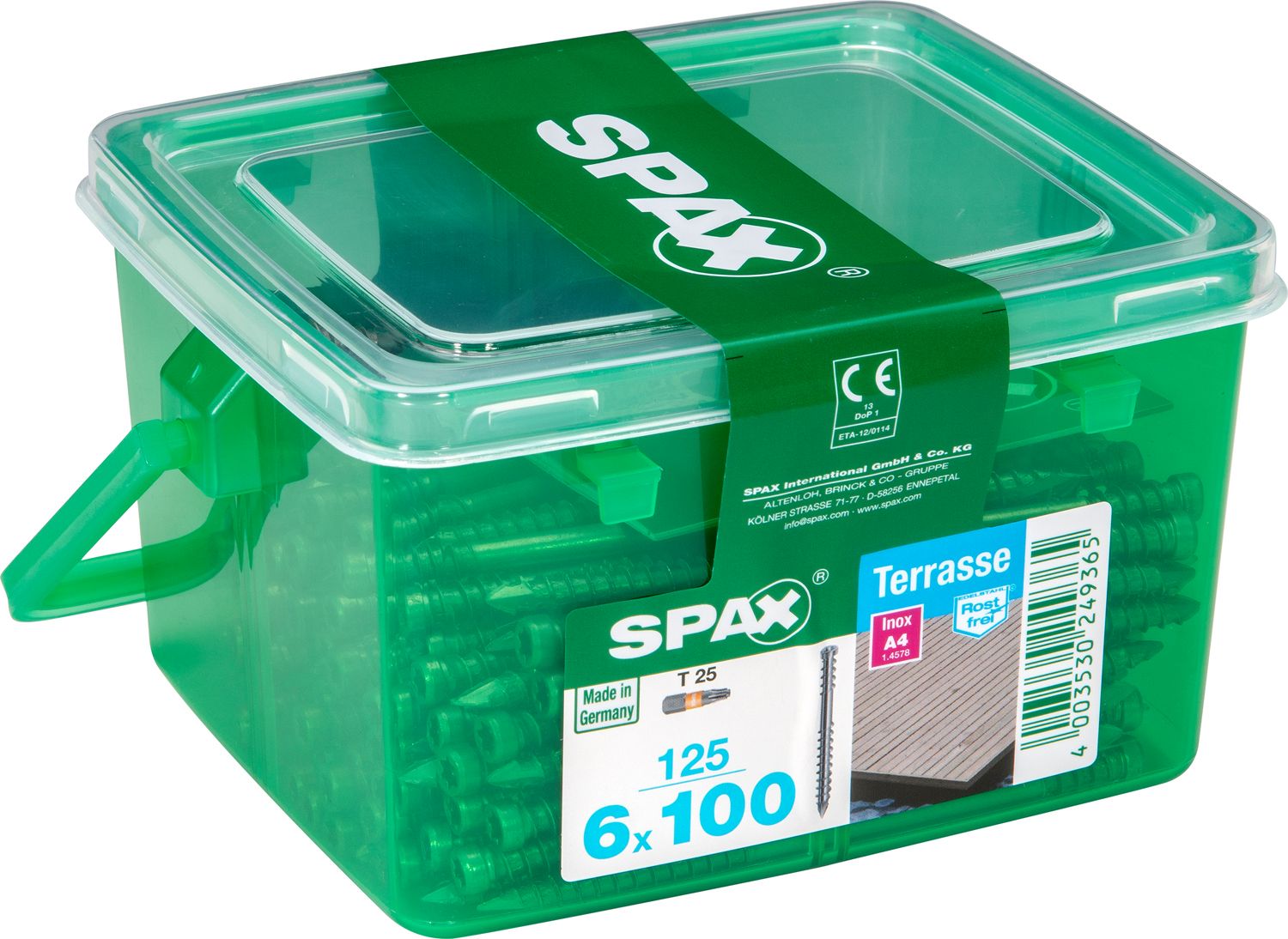 TERRAZA SPAX T-STAR PLUS T25 A4 INOXIDABLE CAJA DE PLÁSTICO CON ASA S 125 UD.