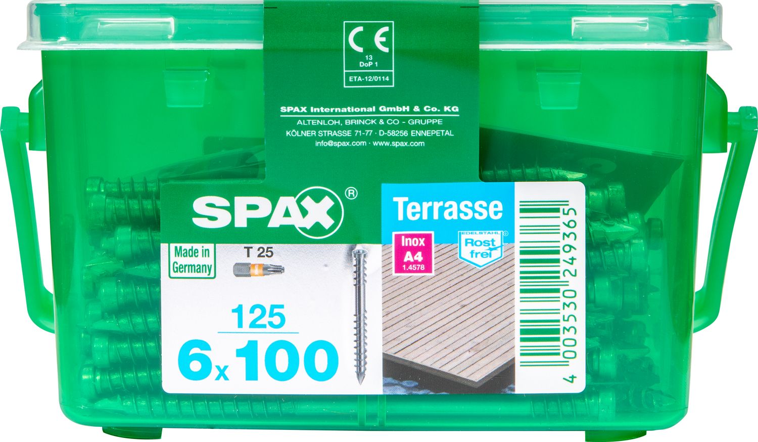 TERRAZA SPAX T-STAR PLUS T25 A4 INOXIDABLE CAJA DE PLÁSTICO CON ASA S 125 UD.