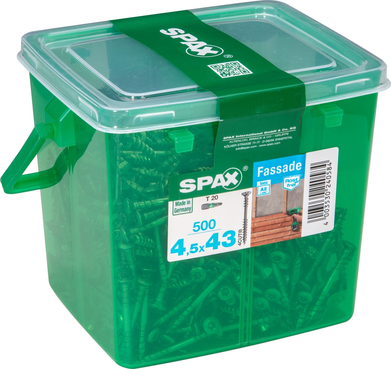 FACHADA SPAX T20 A2 INOXIDABLE CAJA DE PLÁSTICO CON ASA M 500 UD.