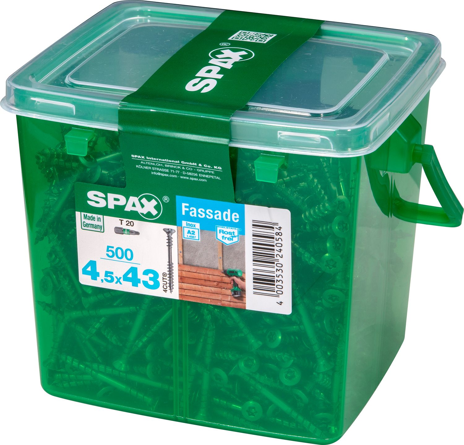 FACHADA SPAX T20 A2 INOXIDABLE CAJA DE PLÁSTICO CON ASA M 500 UD.