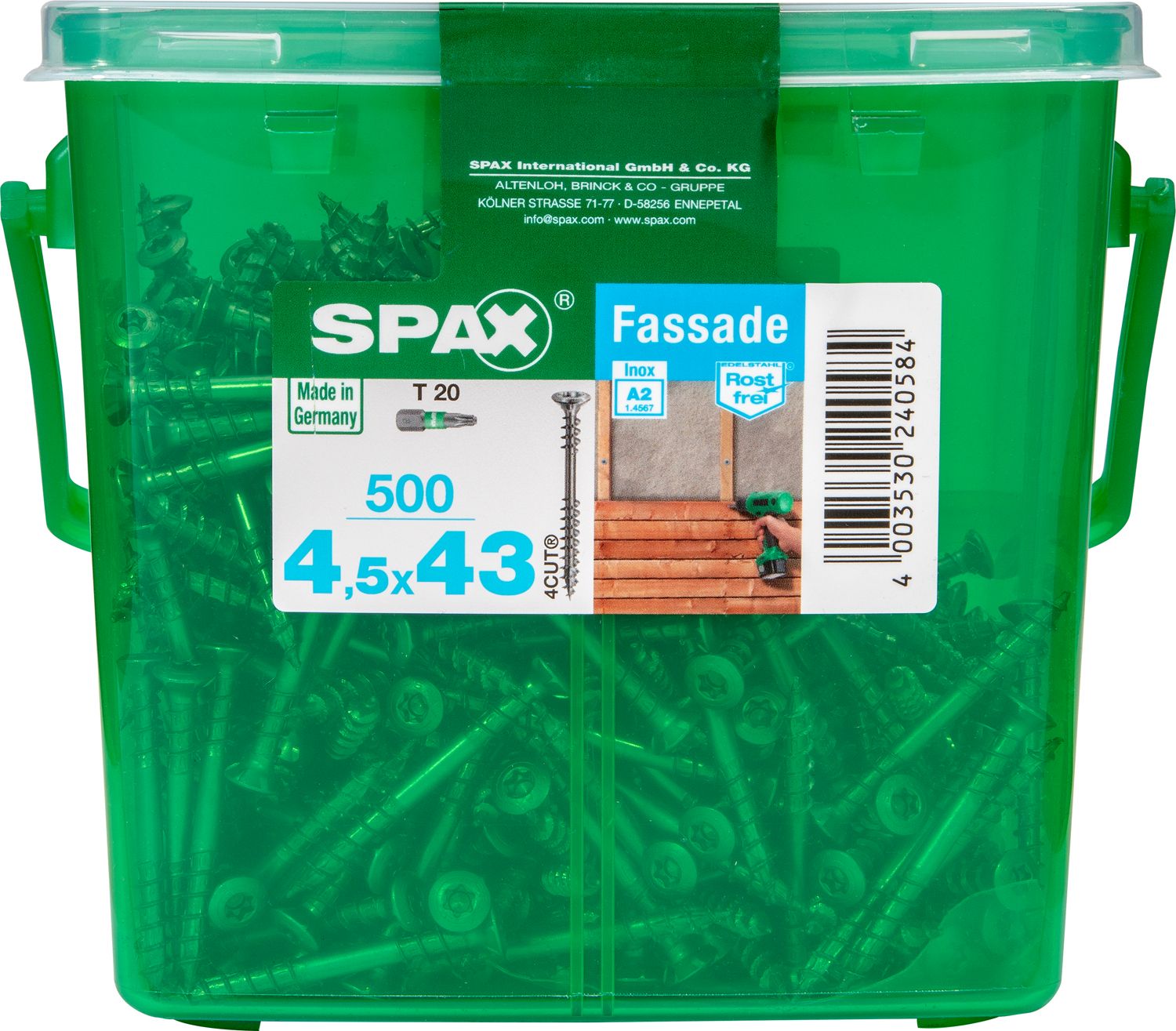 FACHADA SPAX T20 A2 INOXIDABLE CAJA DE PLÁSTICO CON ASA M 500 UD.