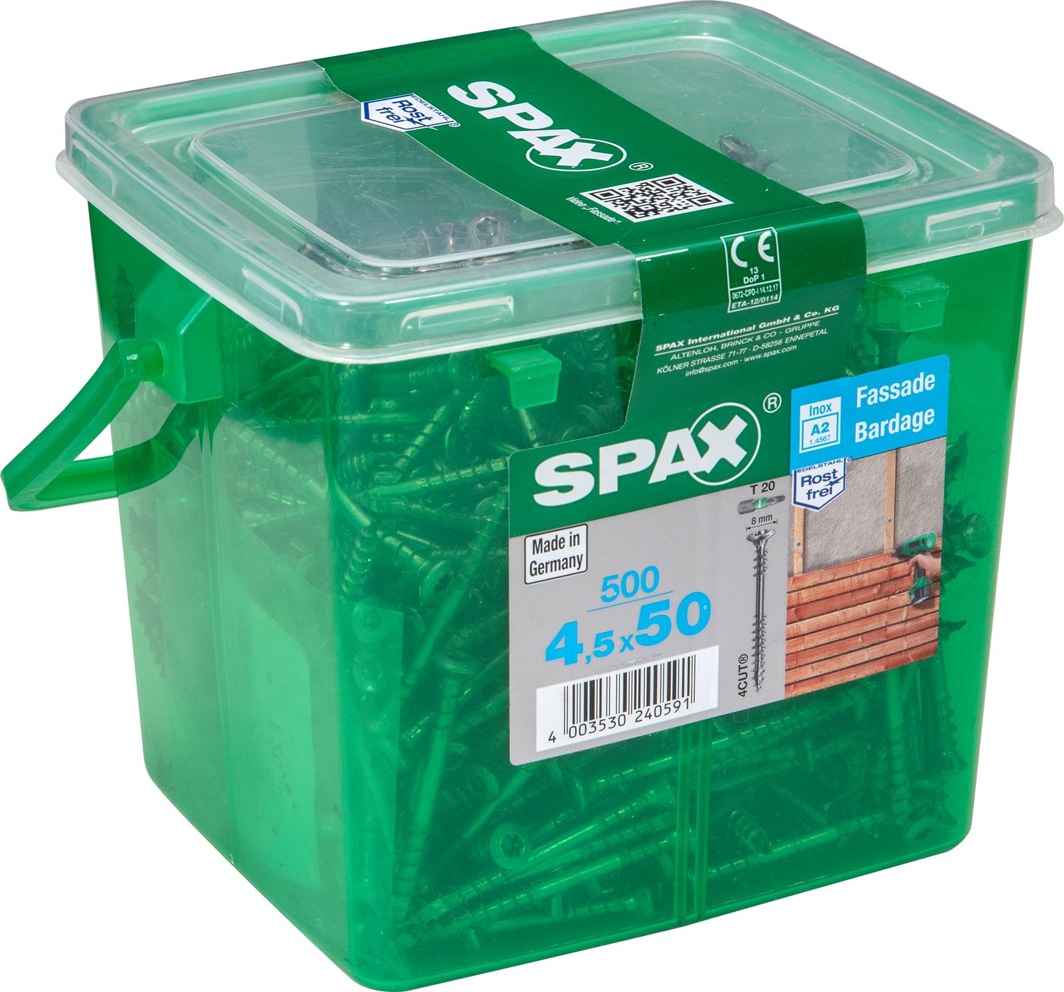 FACHADA SPAX T20 A2 INOXIDABLE CAJA DE PLÁSTICO CON ASA M 500 UD.