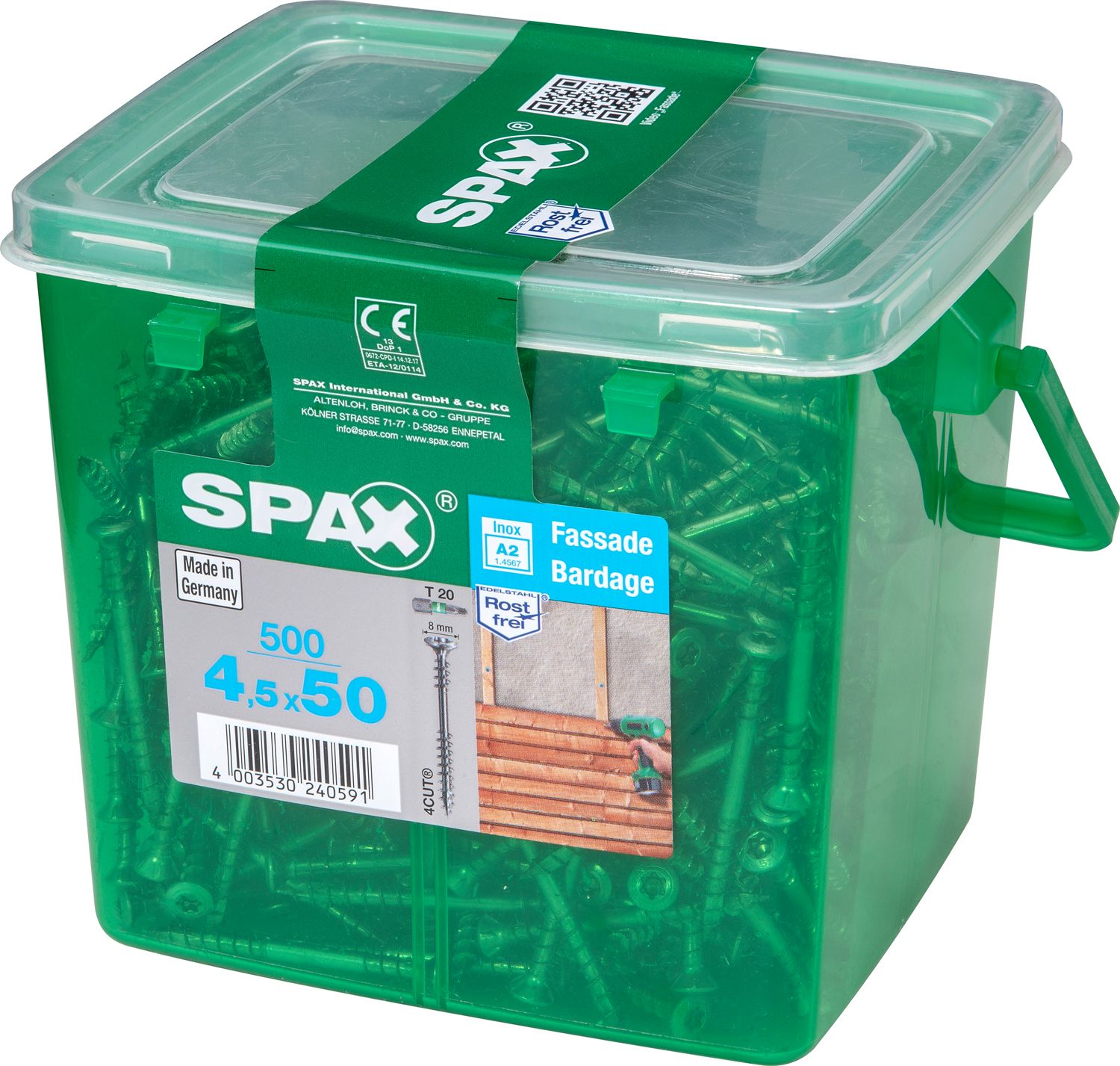 FACHADA SPAX T20 A2 INOXIDABLE CAJA DE PLÁSTICO CON ASA M 500 UD.