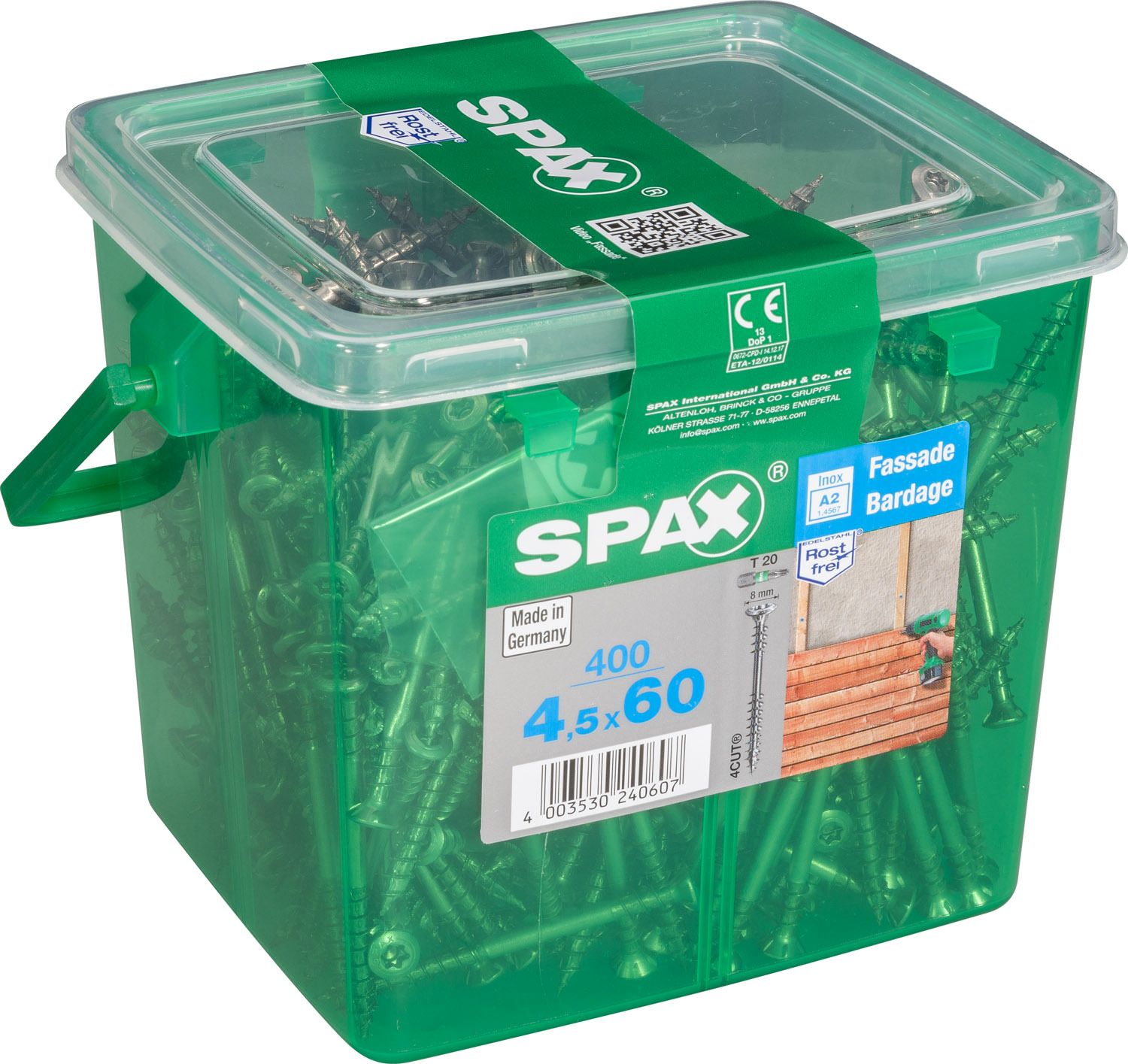 FACHADA SPAX T20 A2 INOXIDABLE CAJA DE PLÁSTICO CON ASA M 400 UD.