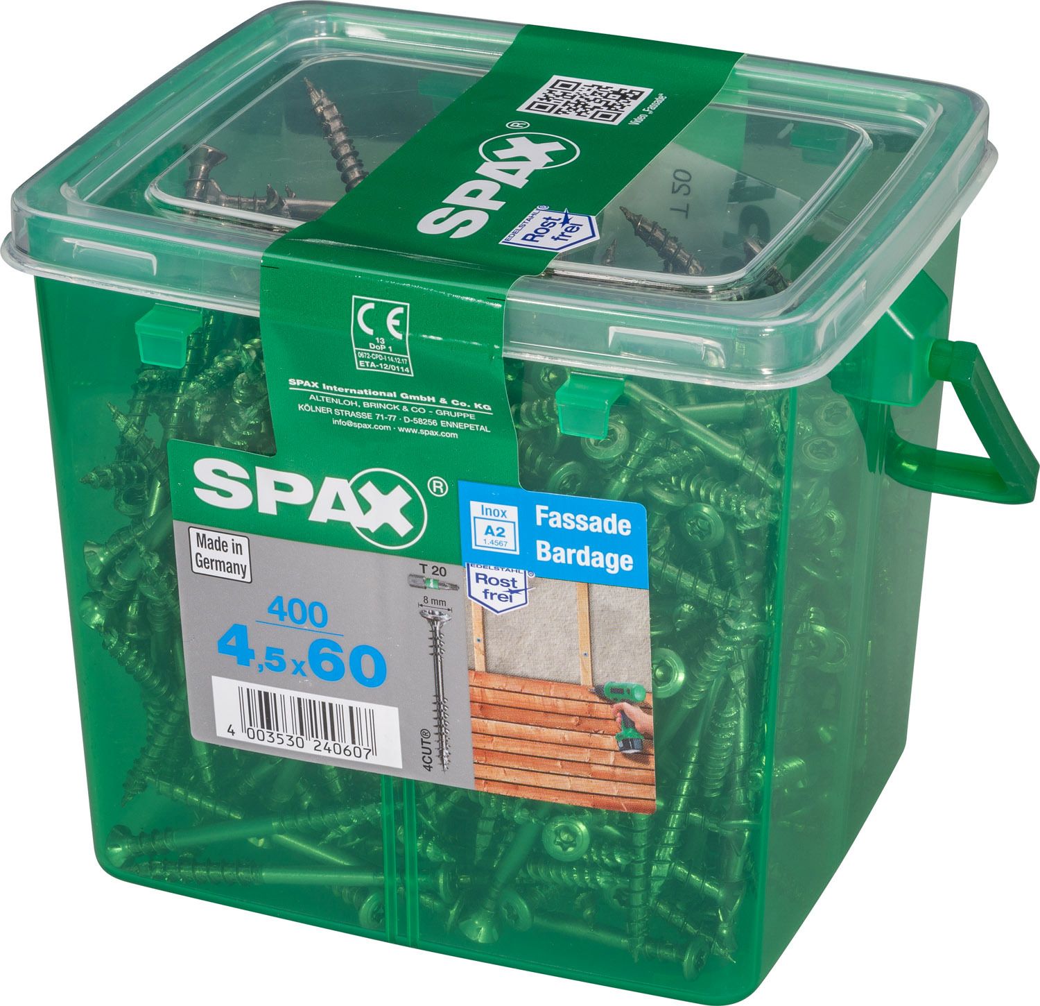 FACHADA SPAX T20 A2 INOXIDABLE CAJA DE PLÁSTICO CON ASA M 400 UD.