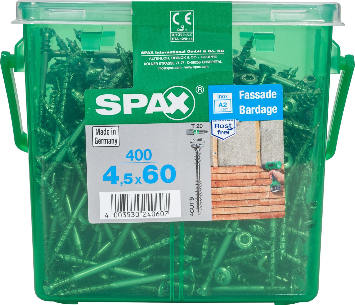 FACHADA SPAX T20 A2 INOXIDABLE CAJA DE PLÁSTICO CON ASA M 400 UD.