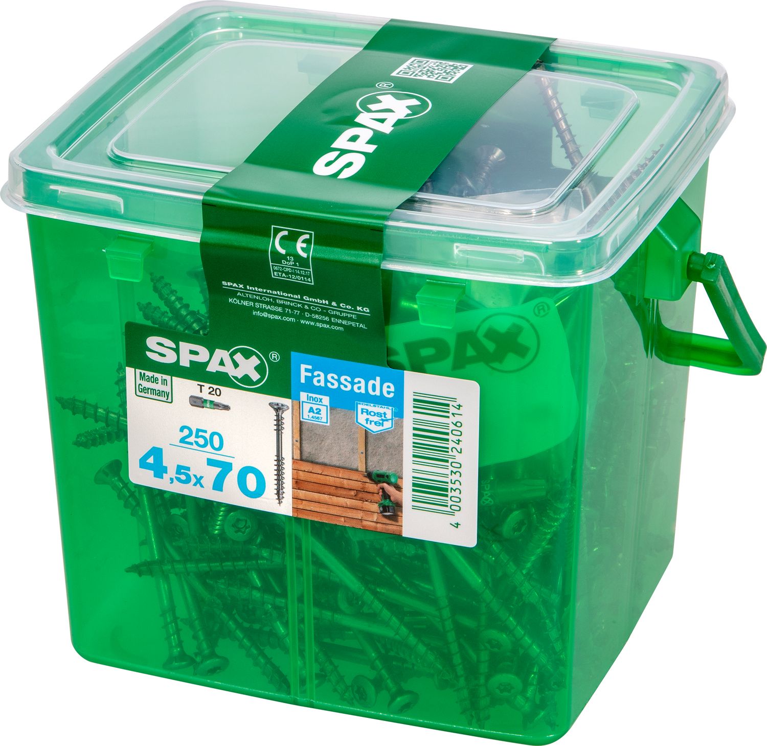 FACHADA SPAX T20 A2 INOXIDABLE CAJA DE PLÁSTICO CON ASA M 250 UD.