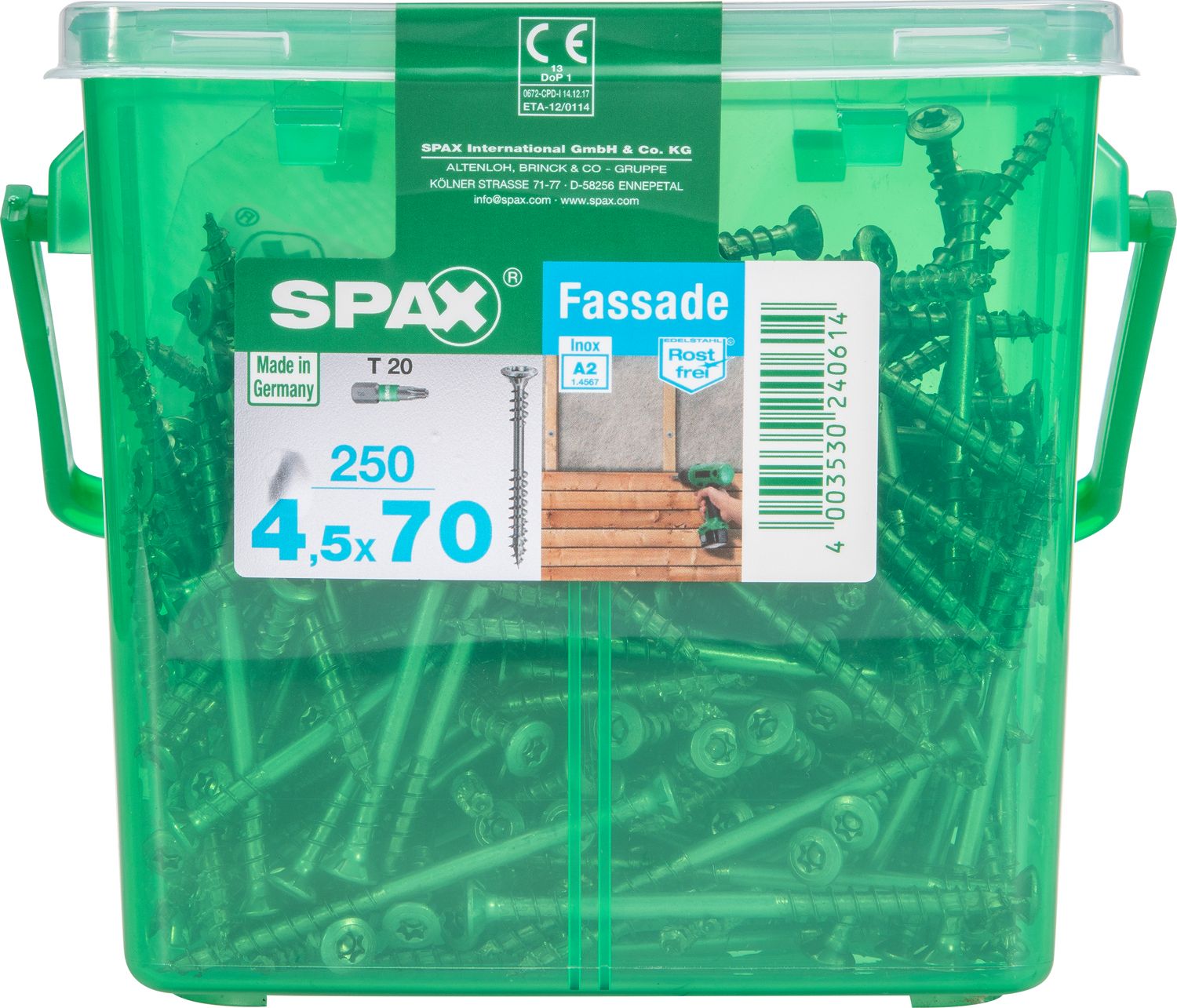FACHADA SPAX T20 A2 INOXIDABLE CAJA DE PLÁSTICO CON ASA M 250 UD.