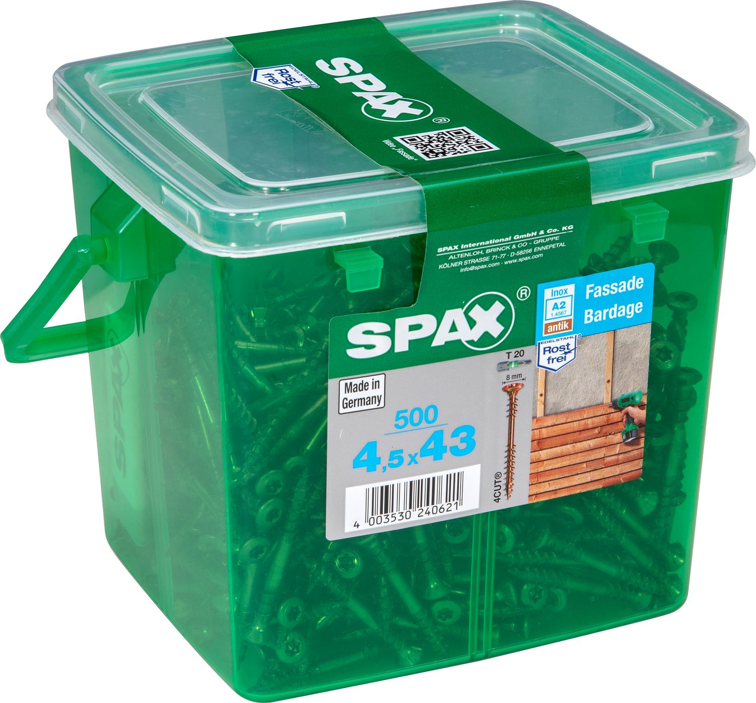 FACHADA SPAX T20 A2 INOXIDABLE ACABADO BRONCE CAJA DE PLÁSTICO CON ASA M 500 UD.