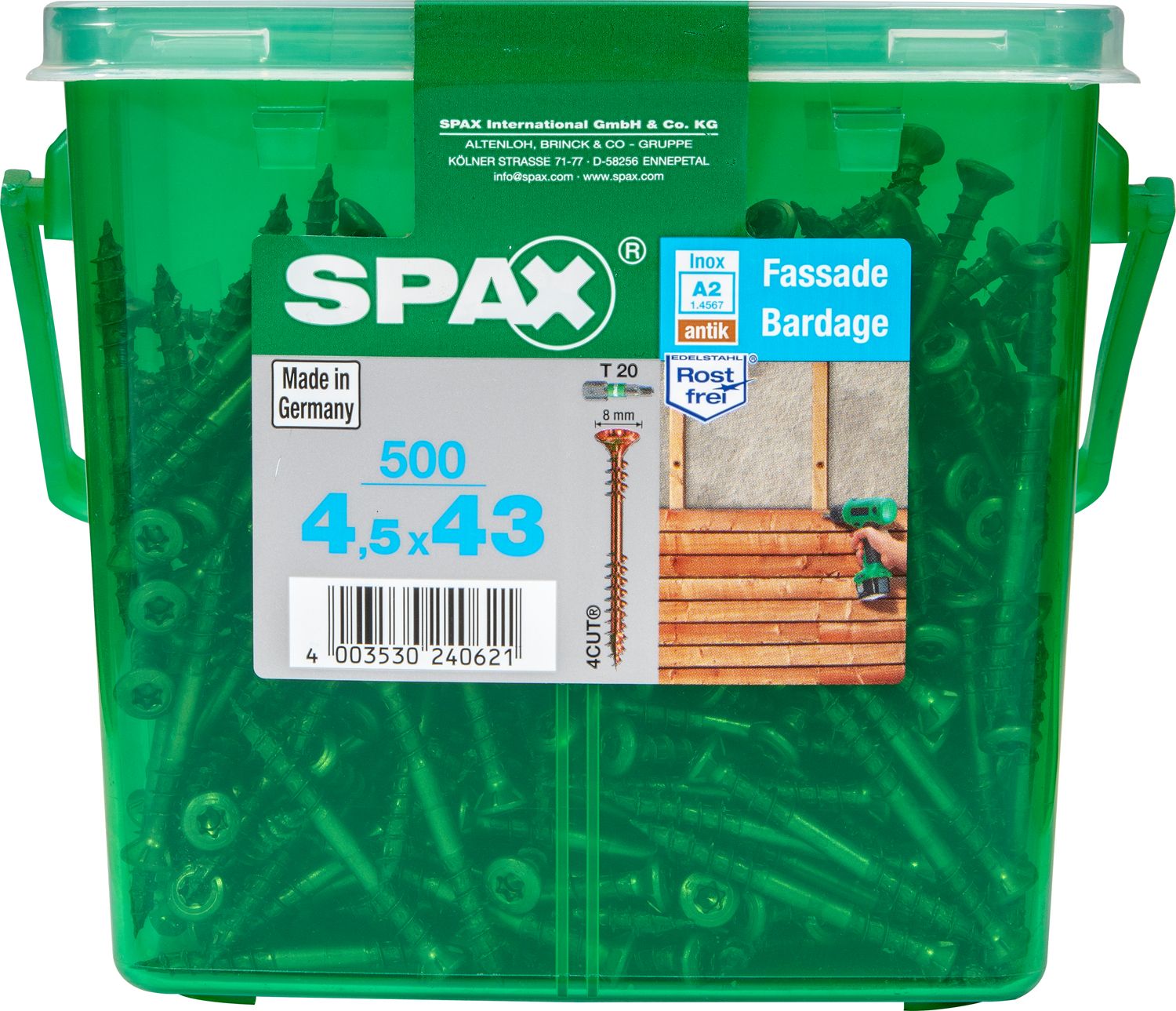 FACHADA SPAX T20 A2 INOXIDABLE ACABADO BRONCE CAJA DE PLÁSTICO CON ASA M 500 UD.