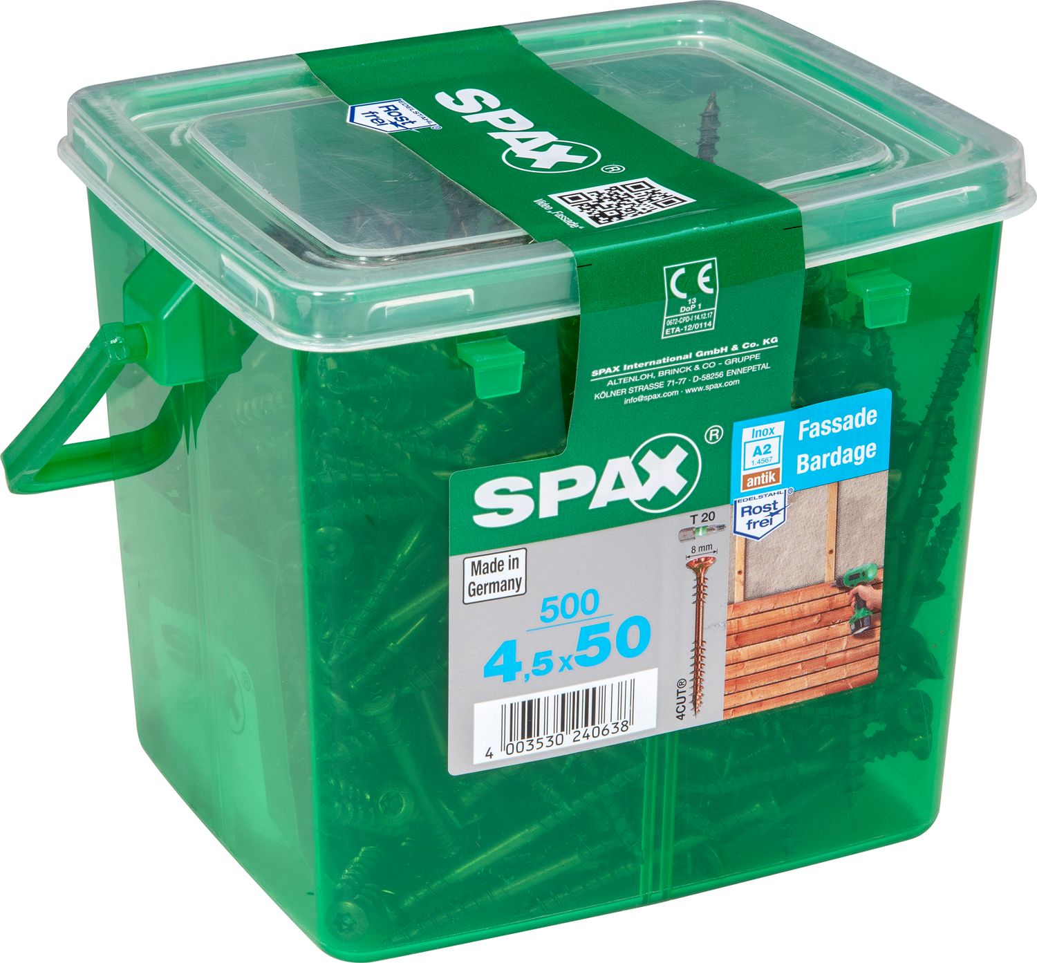 FACHADA SPAX T20 A2 INOXIDABLE ACABADO BRONCE CAJA DE PLÁSTICO CON ASA M 500 UD.