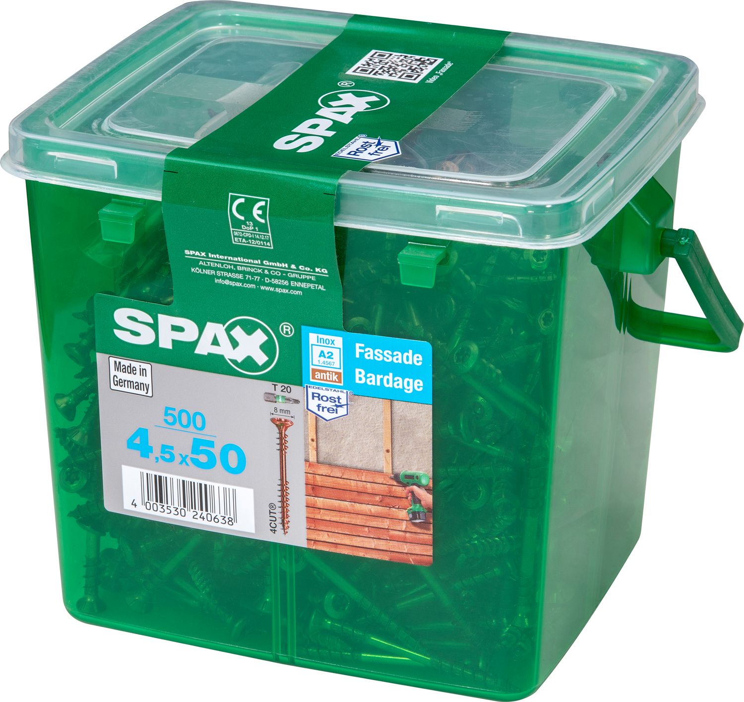 FACHADA SPAX T20 A2 INOXIDABLE ACABADO BRONCE CAJA DE PLÁSTICO CON ASA M 500 UD.