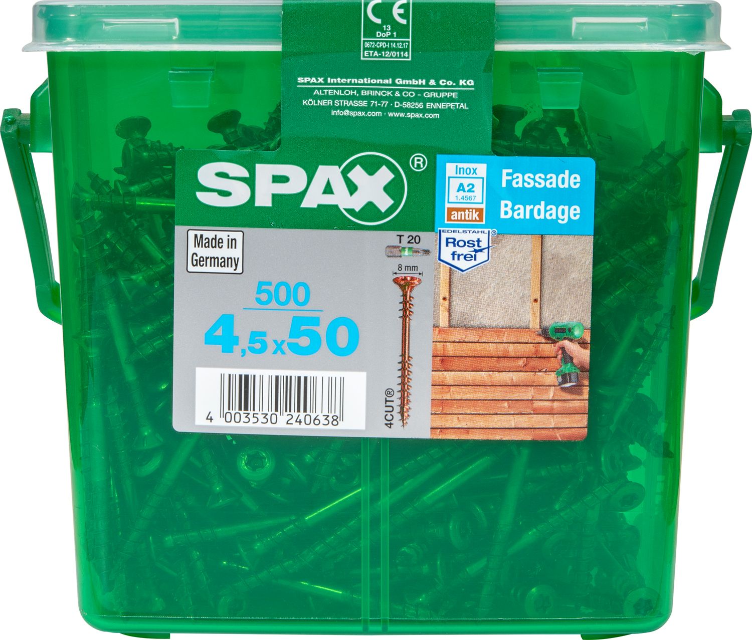 FACHADA SPAX T20 A2 INOXIDABLE ACABADO BRONCE CAJA DE PLÁSTICO CON ASA M 500 UD.