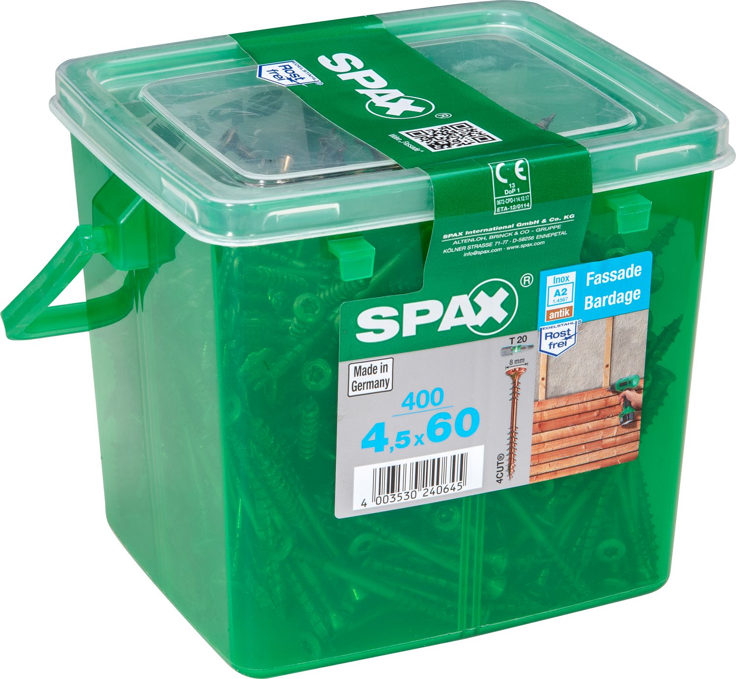 FACHADA SPAX T20 A2 INOXIDABLE ACABADO BRONCE CAJA DE PLÁSTICO CON ASA M 400 UD.