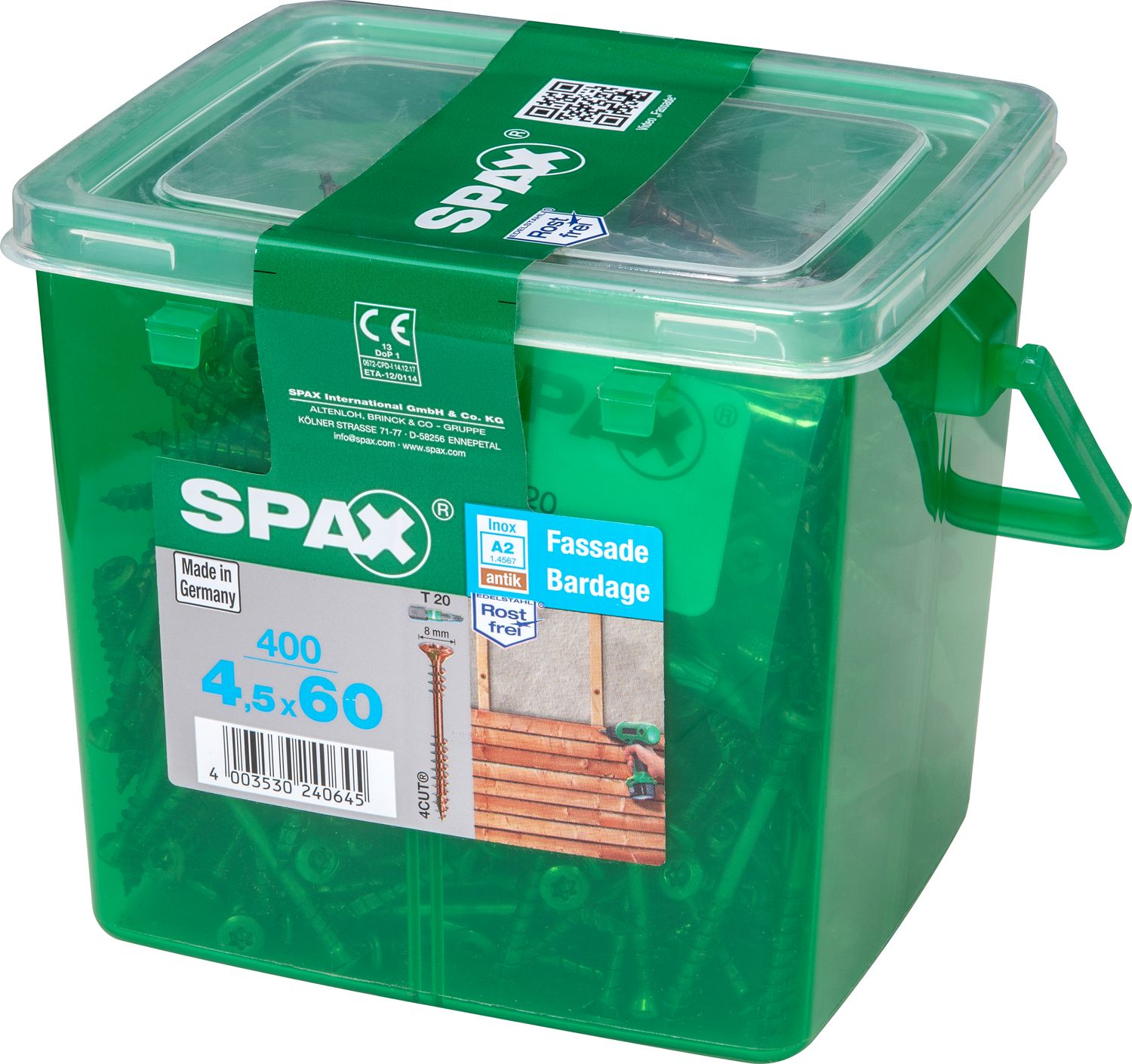 FACHADA SPAX T20 A2 INOXIDABLE ACABADO BRONCE CAJA DE PLÁSTICO CON ASA M 400 UD.