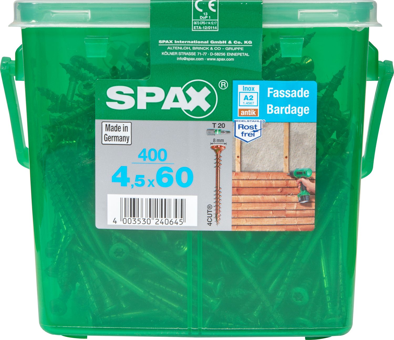 FACHADA SPAX T20 A2 INOXIDABLE ACABADO BRONCE CAJA DE PLÁSTICO CON ASA M 400 UD.