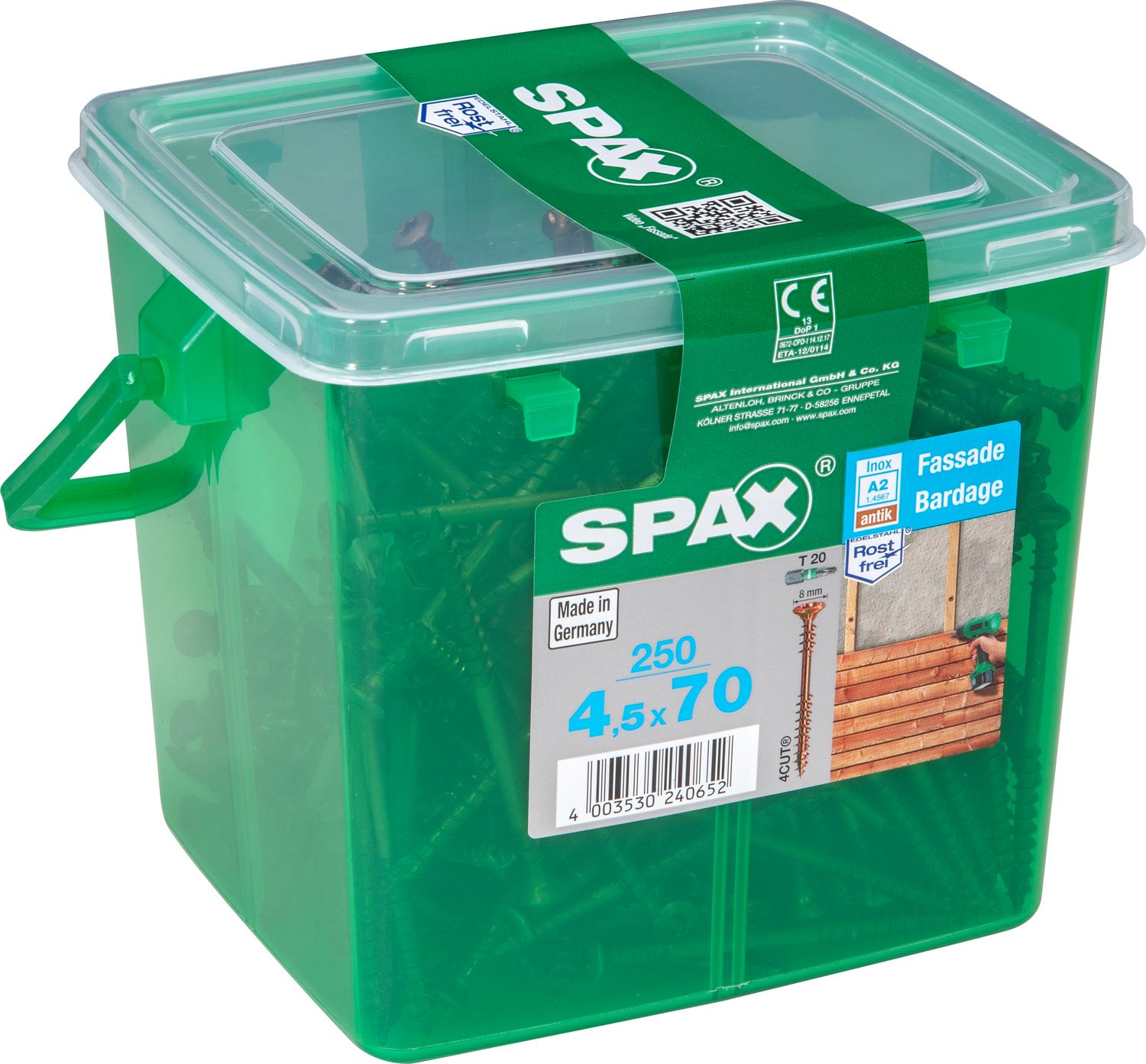 FACHADA SPAX T20 A2 INOXIDABLE ACABADO BRONCE CAJA DE PLÁSTICO CON ASA M 250 UD.