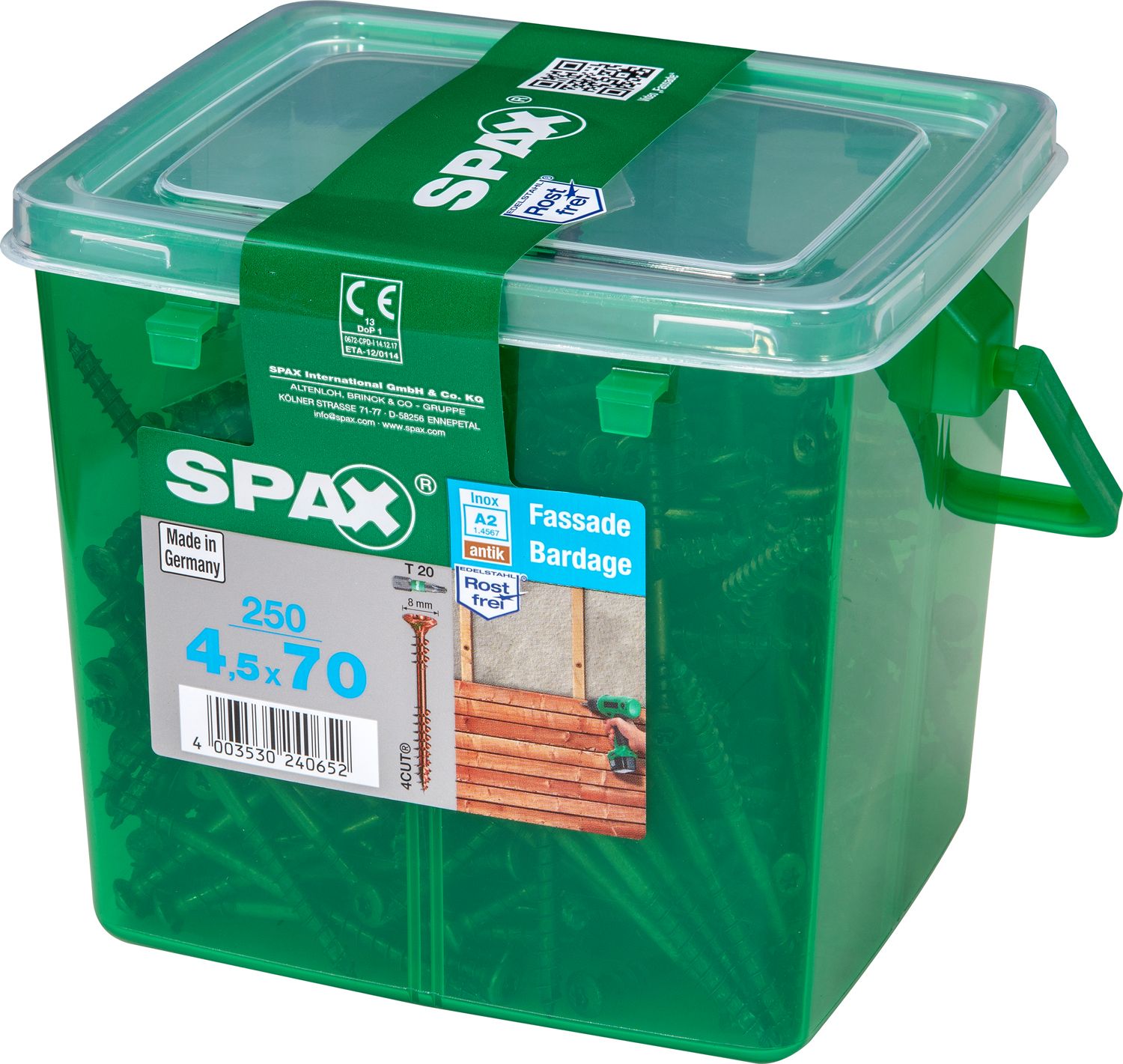 FACHADA SPAX T20 A2 INOXIDABLE ACABADO BRONCE CAJA DE PLÁSTICO CON ASA M 250 UD.