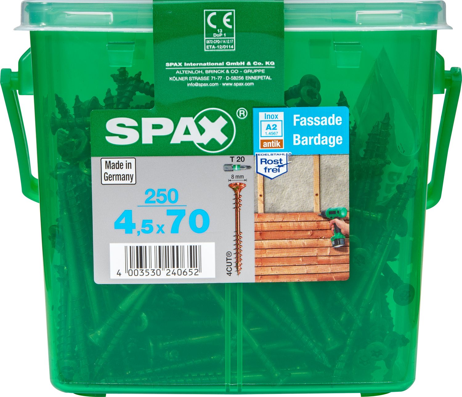 FACHADA SPAX T20 A2 INOXIDABLE ACABADO BRONCE CAJA DE PLÁSTICO CON ASA M 250 UD.