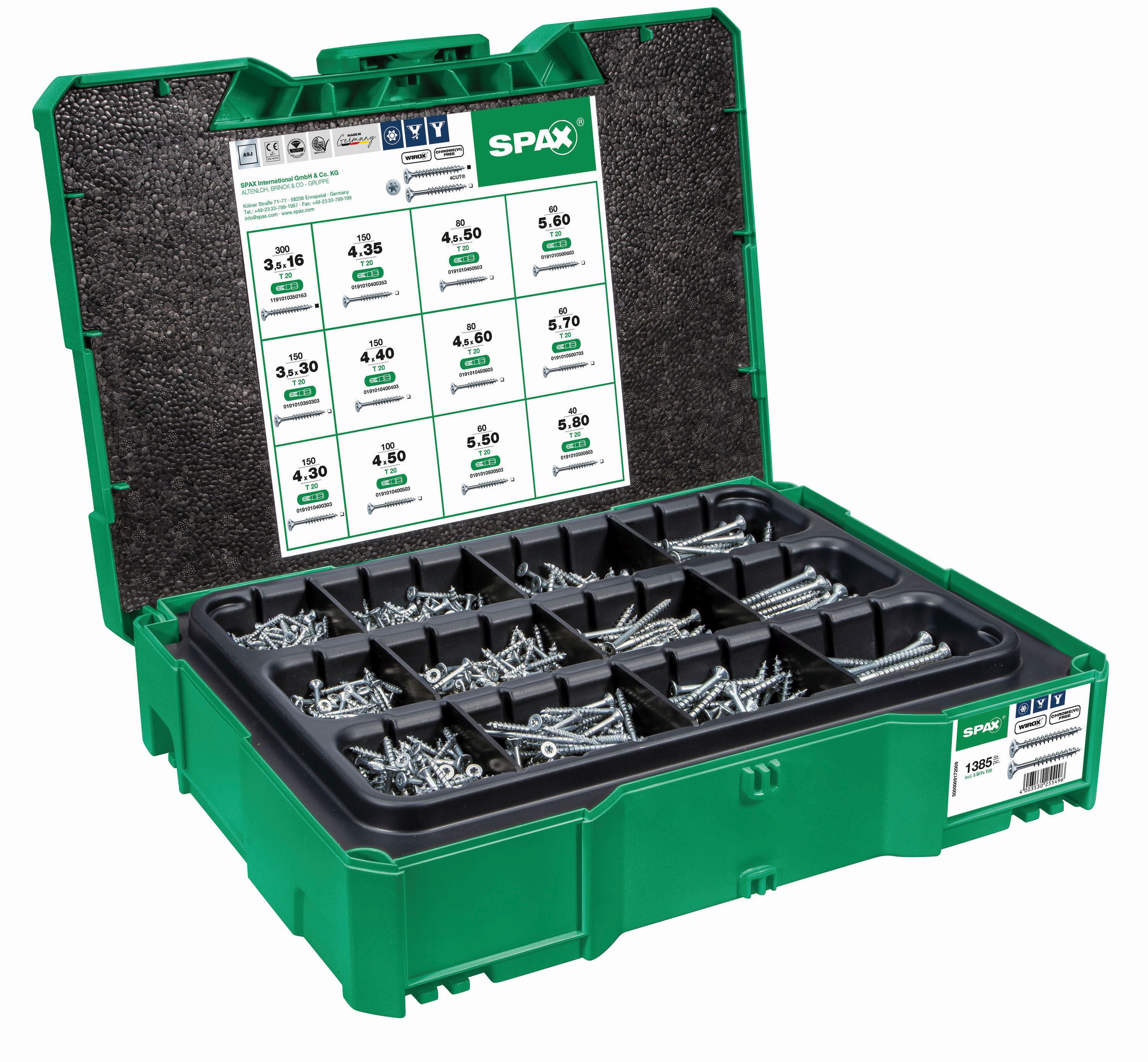 SPAX Box apilamiento modular T-Loc I CABEZA MÚLTIPLE PLANA T-STAR PLUS WIROX 1385 UD./5 bits