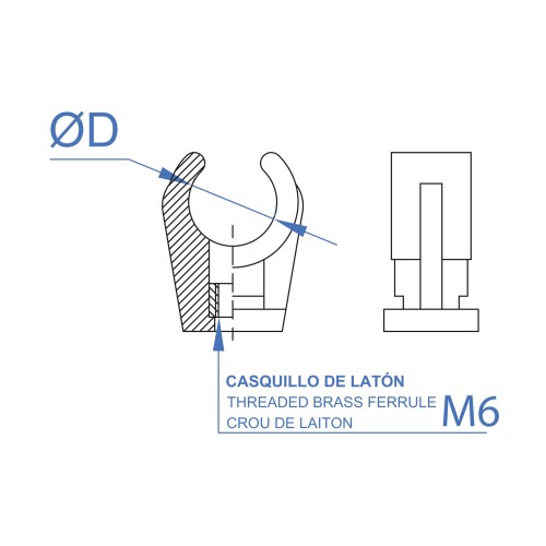 AB-IN [CP] Clip simple de polipropileno con casquillo de latón M6