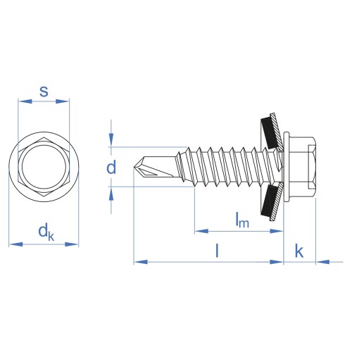 DIN-7504-K RE + ARVUL [CP] Tornillo autotaladrante de punta reducida y cabeza hexagonal de 8 mm. Tornillo con arandela vulcanizada de acero-EPDM