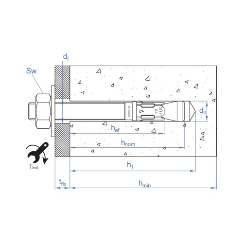 MTH-A4 [CP] Anclaje macho para cargas altas en hormigón no fisurado. Homologado ETE Opt.7. Eje inoxidable A4. Clip inoxidable A4
