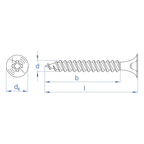 PL-F [CV] Tornillo para placa de yeso de altas prestaciones. Fosfatado. Cabeza trompeta, rosca doble hilo y punta alfiler. Huella PH. Tornillo