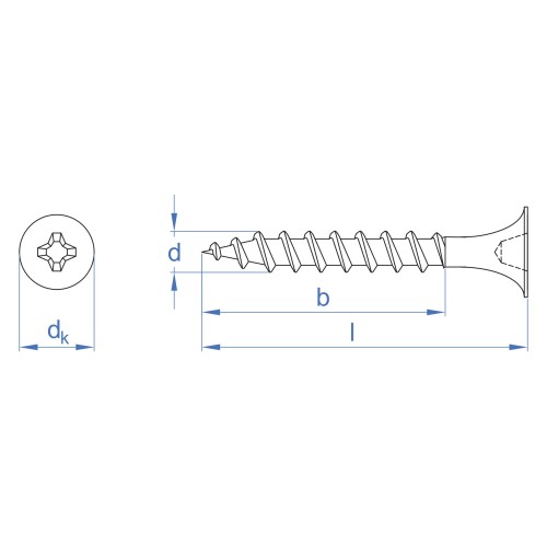 PL-RA [CP] Tornillo para placa de yeso de paso ancho. Cabeza trompeta y punta perforante. Tornillo para tabiquería seca de paso ancho con cabeza trompeta y punta perforante