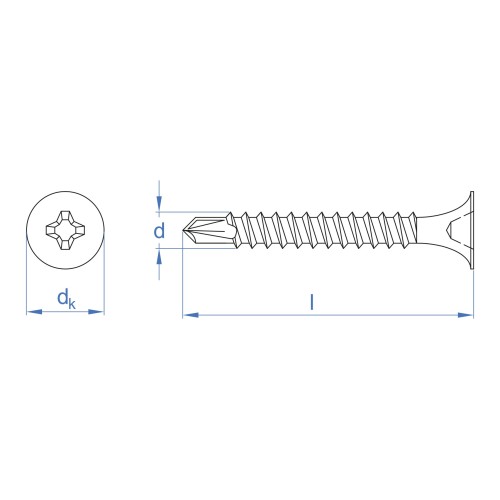 PL-TR [CP] Tornillo para placas de yeso laminado. Cabeza trompeta y punta autotaladrante. Tornillo para tabiquería seca con cabeza trompeta y punta autotaladrante