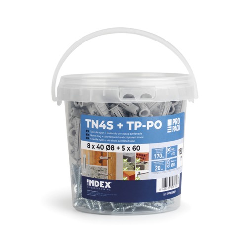[CP TN4S + TP-PO EP] Taco de nylon anudable de 4 segmentos para todo tipo de materiales. Taco + Tirafondo. Bote de plástico