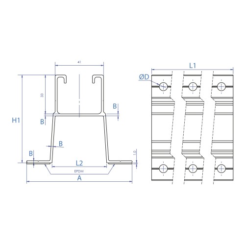 PSA-AV [CP] Perfiles, uniones, guías y empalmes para estructura de apoyo. Perfil de aluminio con alas para fijación directa discontinua en valle