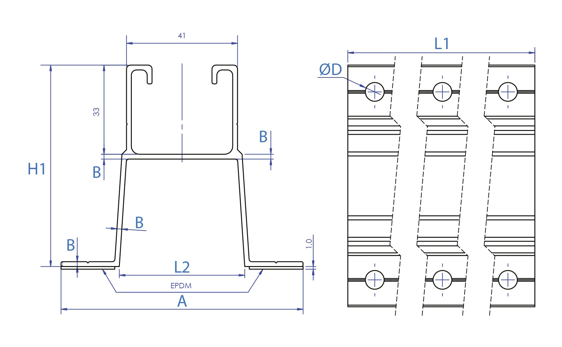 PSA-AV [CP] Perfiles, uniones, guías y empalmes para estructura de apoyo. Perfil de aluminio con alas para fijación directa discontinua en valle