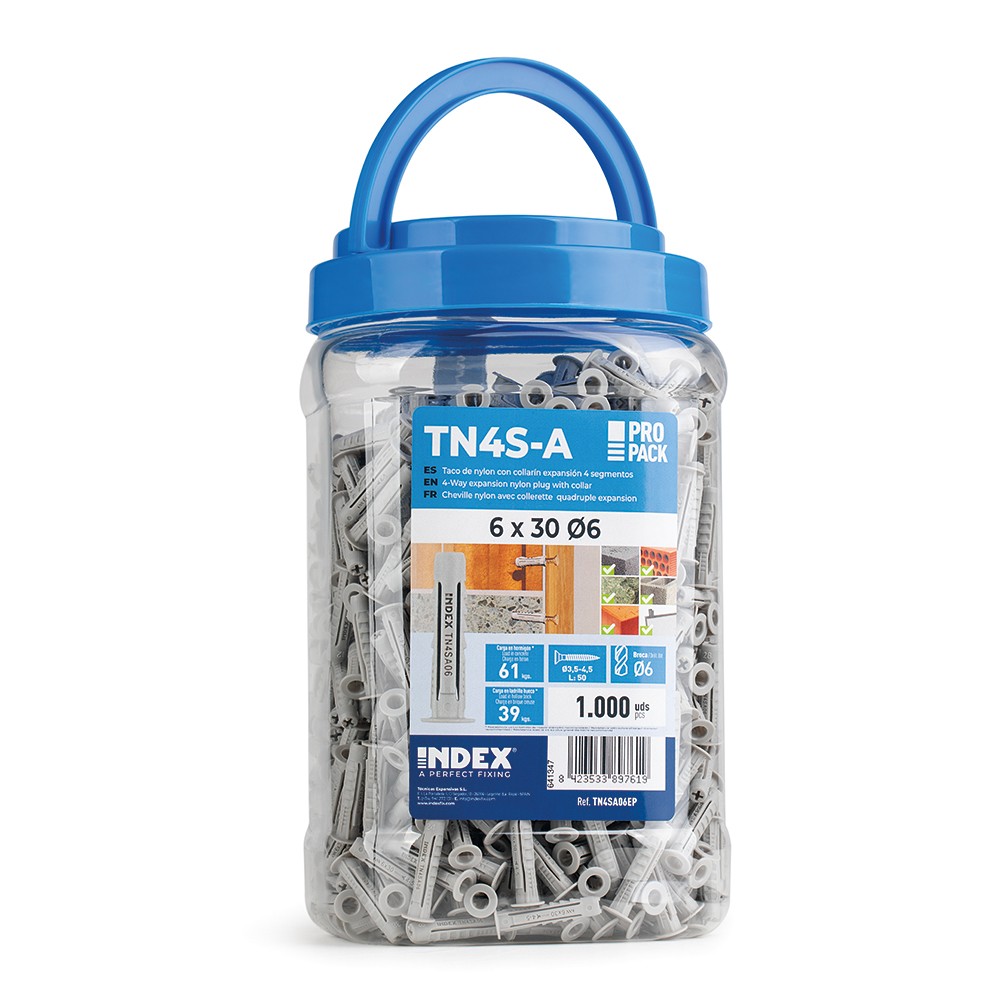 TN4S-A EP [CP] Taco de nylon anudable de 4 segmentos para todo tipo de materiales. Taco con collarín. Bote de plástico