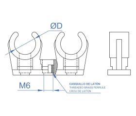 AB-ID [CP] Clip doble de polipropileno con casquillo de latón M6. Clip doble de nylon (poliamida 6.6) con casquillo de latón M6
