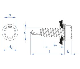 DIN-7504-K RE + ARVUL [CP] Tornillo autotaladrante de punta reducida y cabeza hexagonal de 8 mm. Tornillo con arandela vulcanizada de acero-EPDM