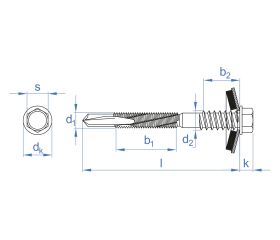 PS 3 + ARVUL A2 [CP] Tornillo autotaladrante de cabeza hexagonal para panel sándwich. Punta broca estándar #3 con recubrimiento ATLANTIS C4-M y arandela inoxidable A2