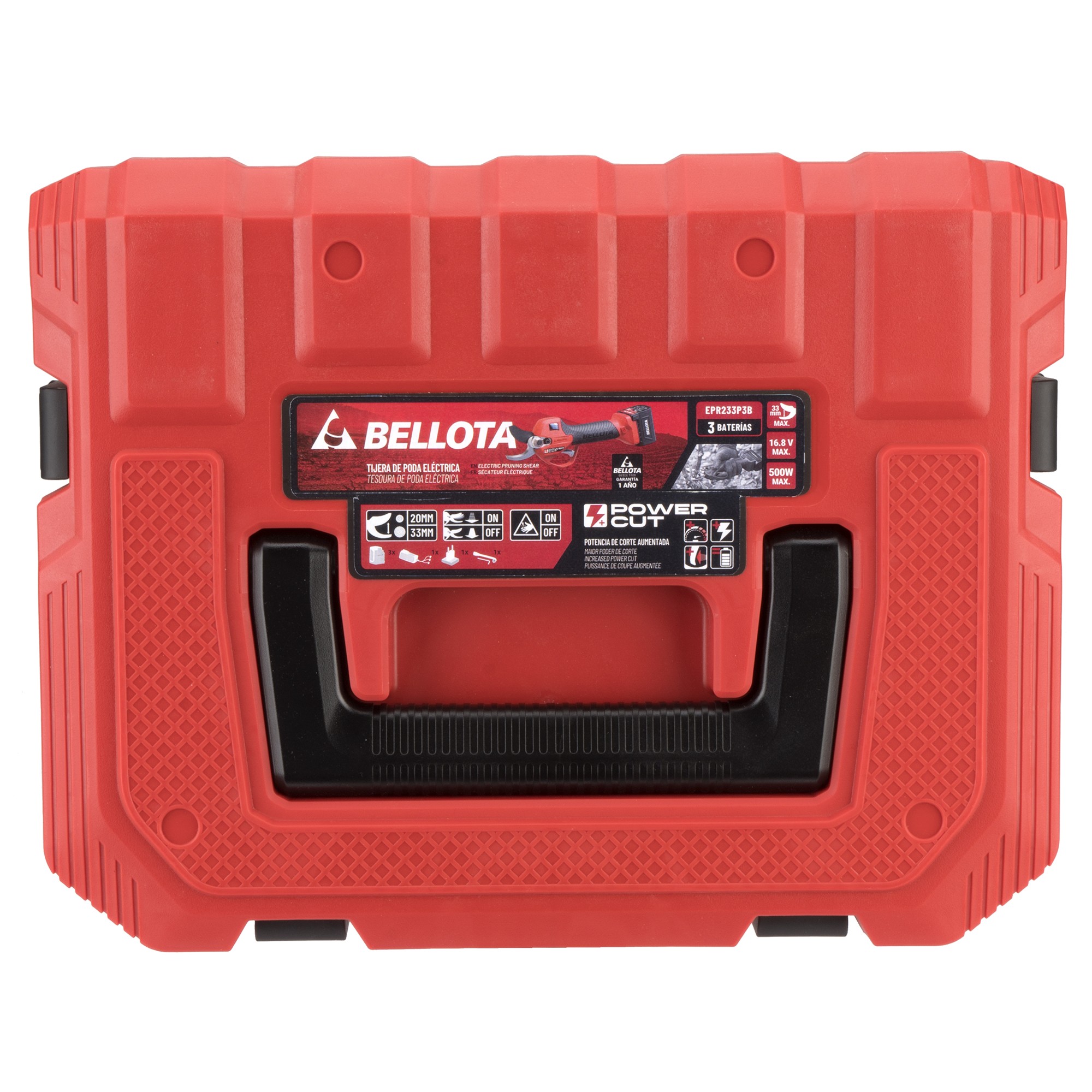 Tijera de poda eléctrica sin cable, POWER CUT con batería de Litio Ion y apertura máxima de 33mm  con 3 baterías
