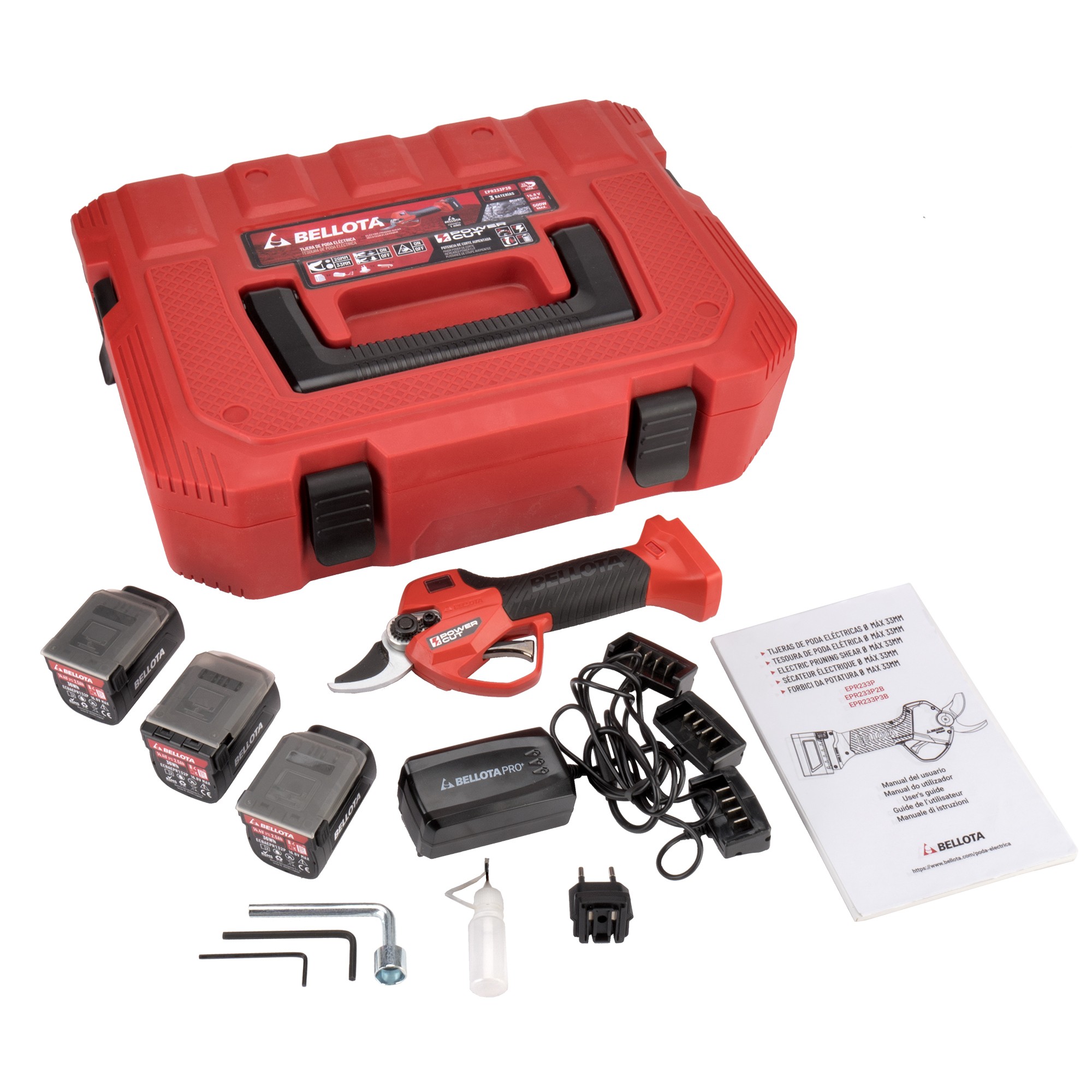 Tijera de poda eléctrica sin cable, POWER CUT con batería de Litio Ion y apertura máxima de 33mm  con 3 baterías