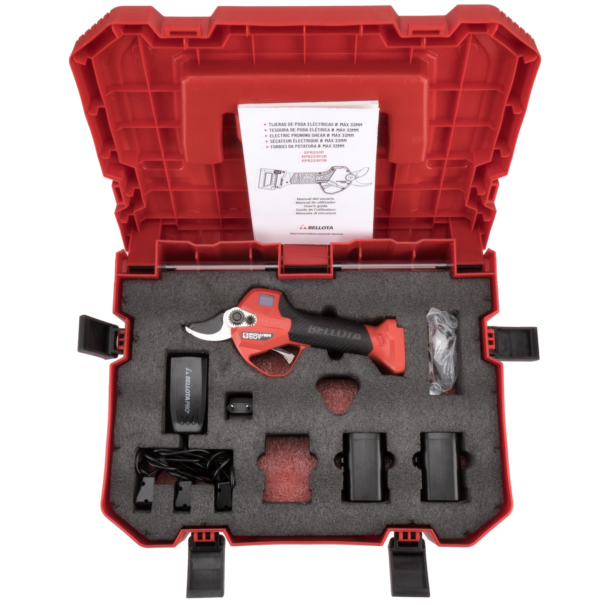 Tijera de poda eléctrica sin cable, POWER CUT con batería de Litio Ion y apertura máxima de 33mm  con dos baterías